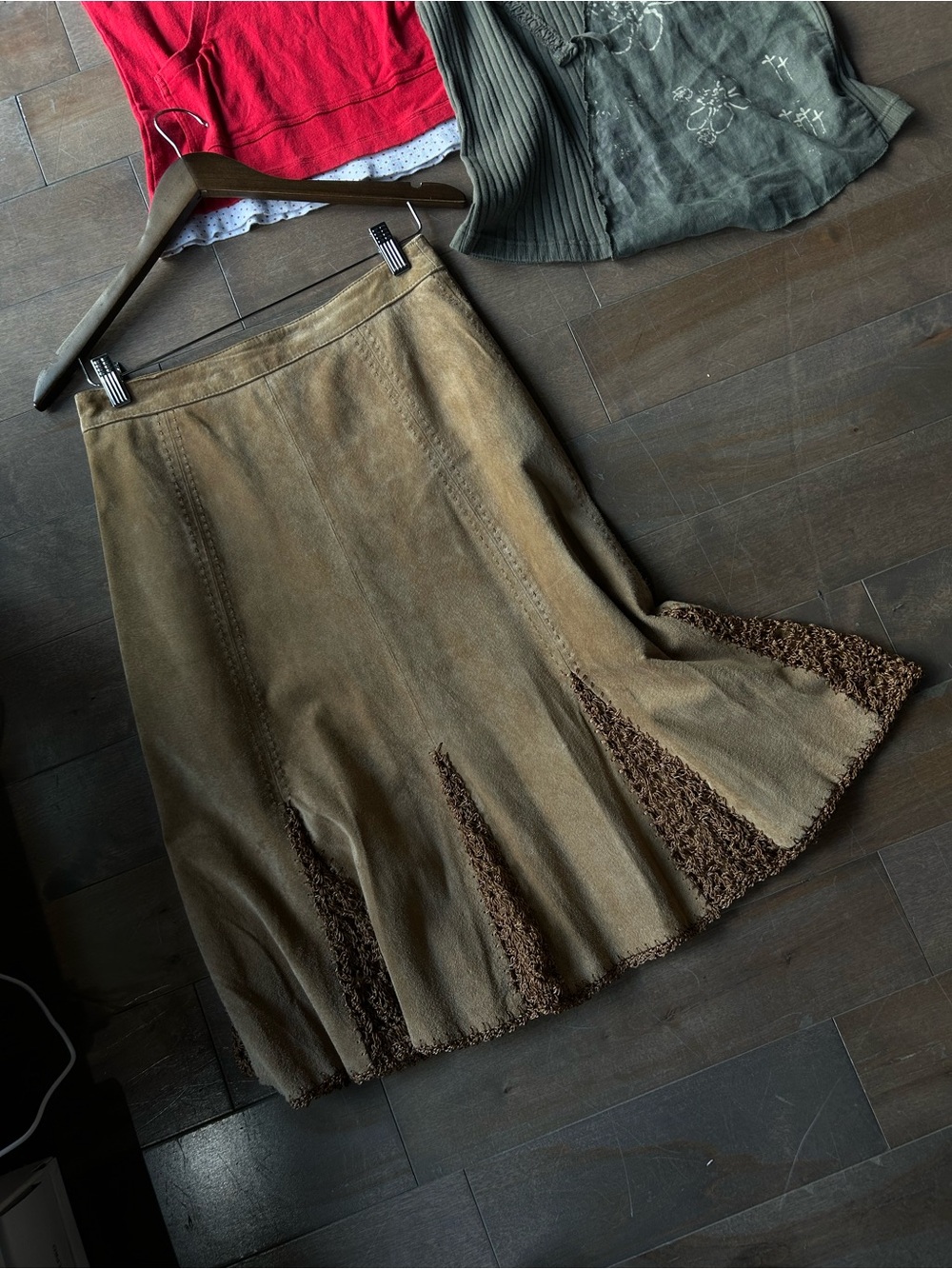 Danier Taupe Brown Suede A-Line Skirt with Crochet Panels